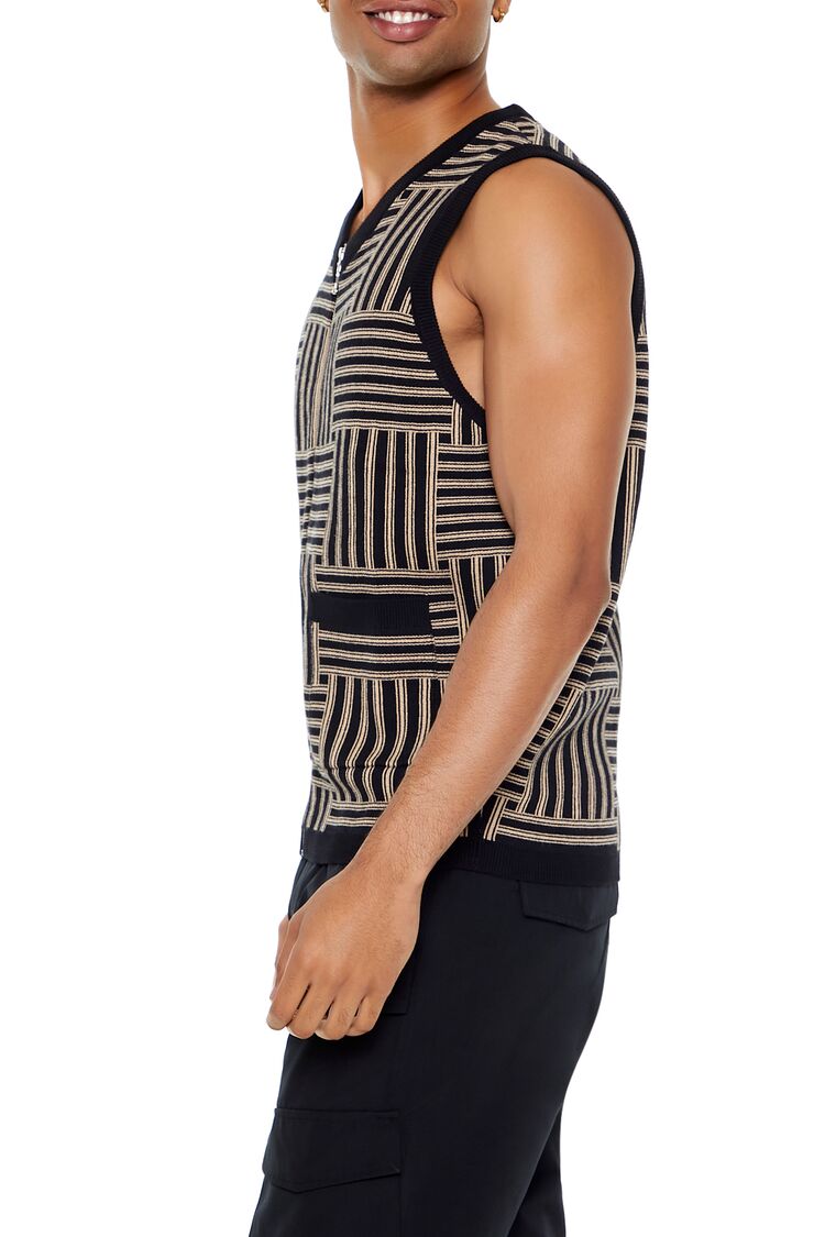  Forever 21 Geo Print Zip-Up Sweater Vest - black taupe - Bonton
