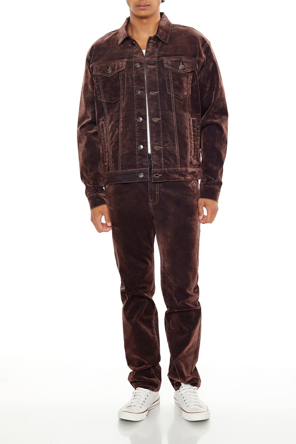  Forever 21 Textured Trucker Jacket - chocolate-swatch - Bonton