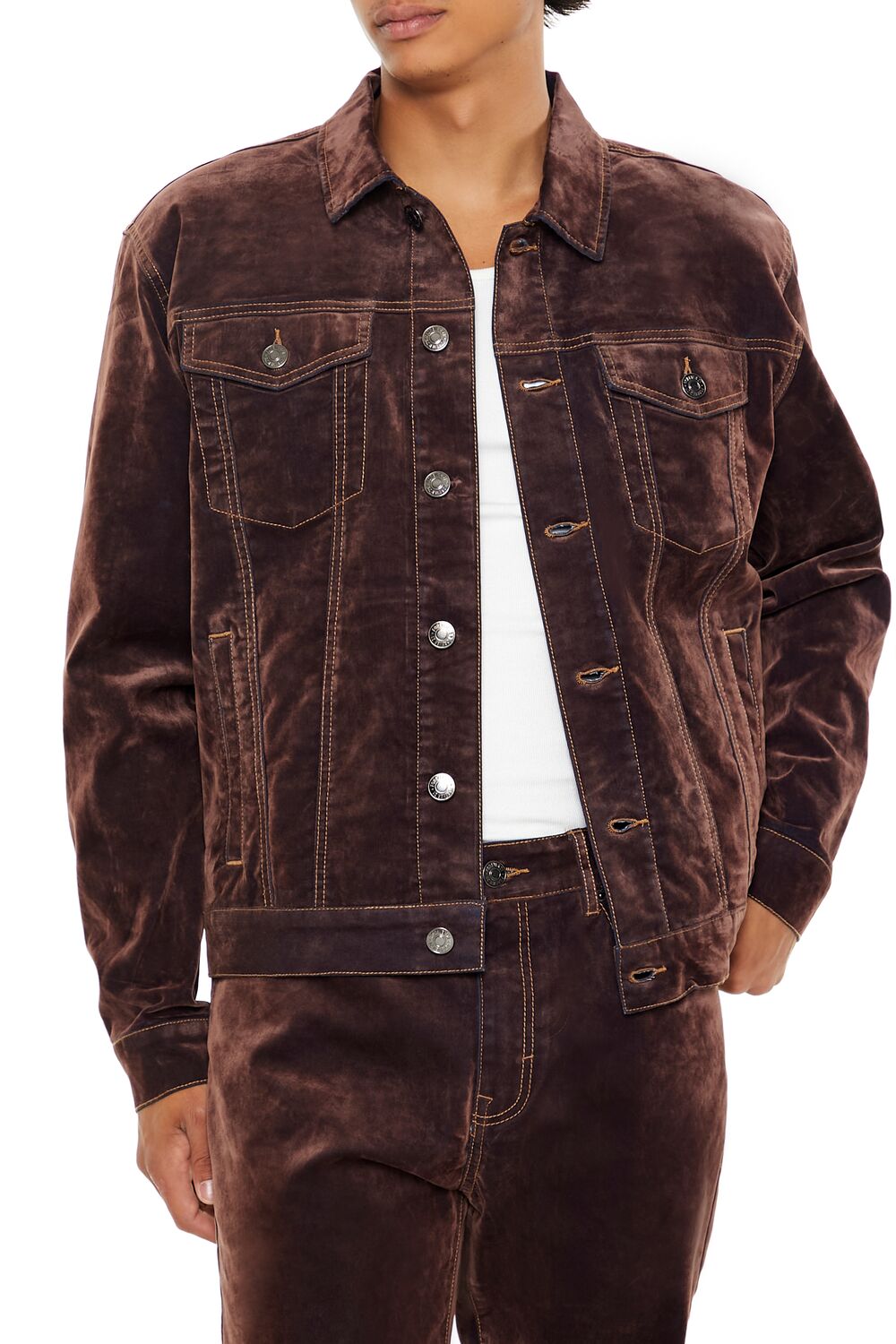  Forever 21 Textured Trucker Jacket - chocolate-swatch - Bonton