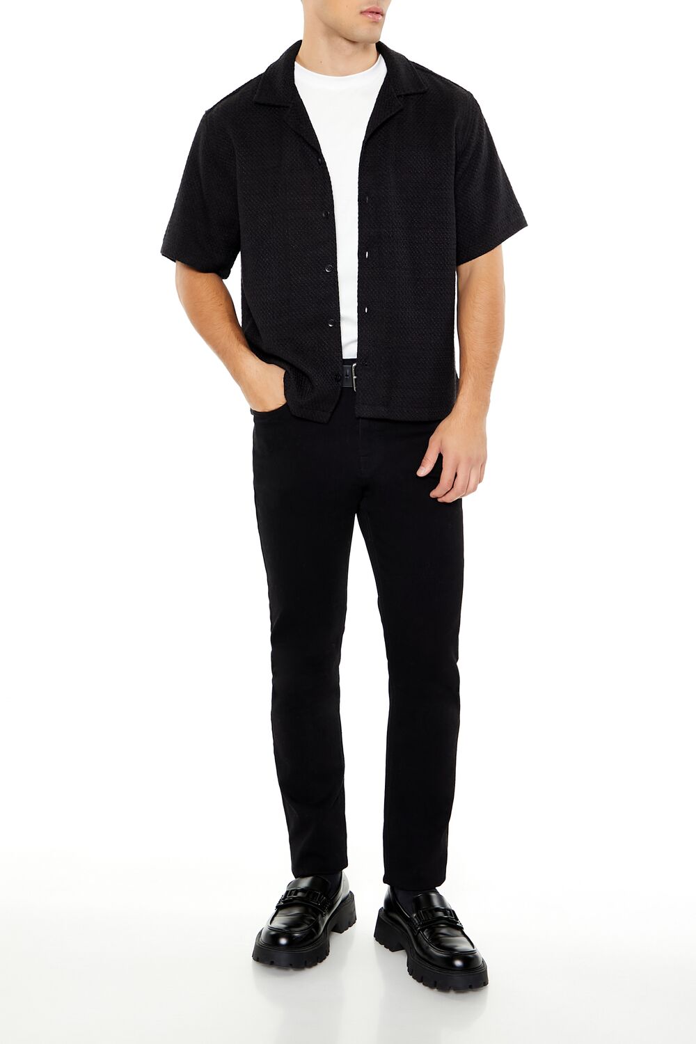  Forever 21 Boxy Cropped Boucle Shirt - black - Bonton