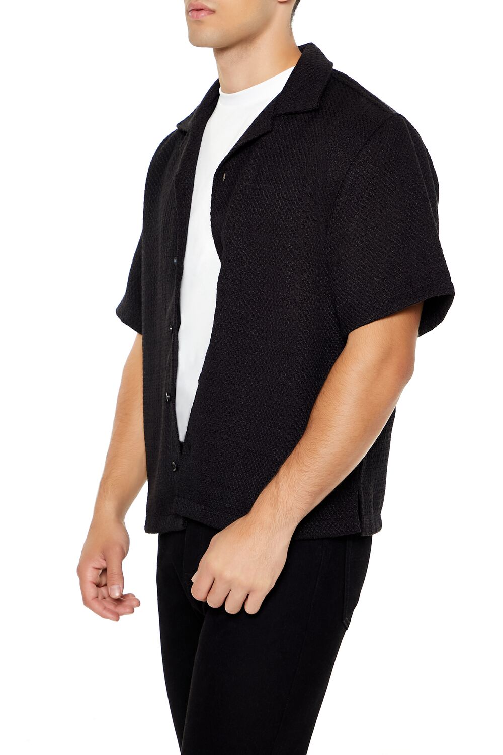  Forever 21 Boxy Cropped Boucle Shirt - black - Bonton
