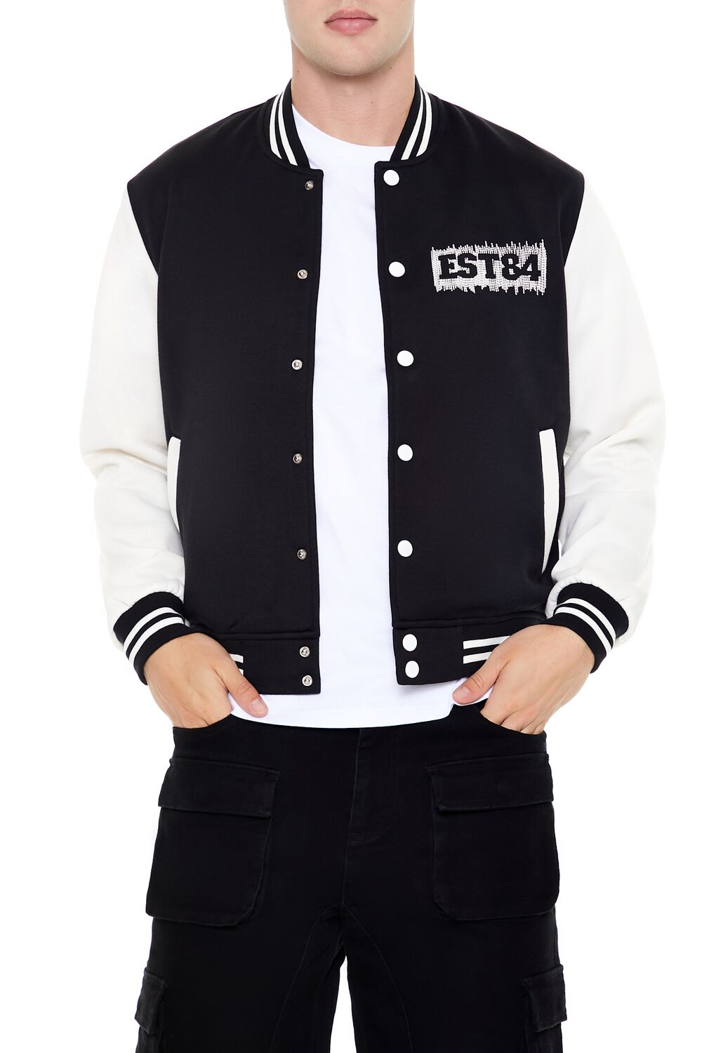  Forever 21 Embroidered EST84 Bomber Jacket - black-cream-swatch - Bonton