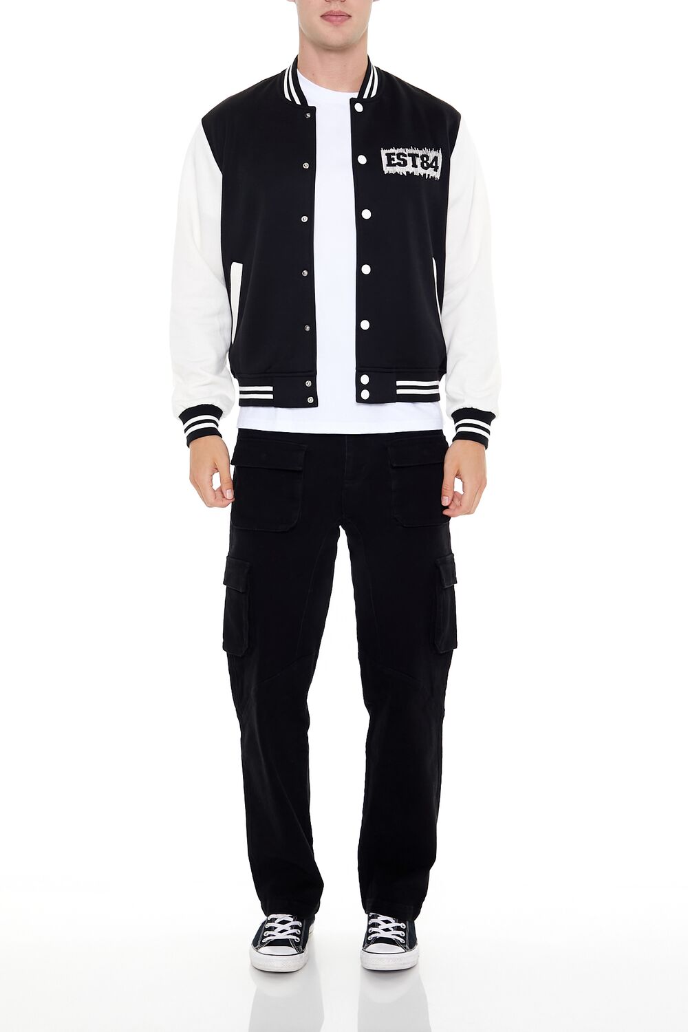  Forever 21 Embroidered EST84 Bomber Jacket - black-cream-swatch - Bonton