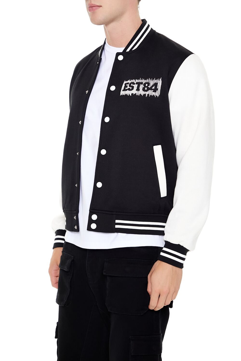  Forever 21 Embroidered EST84 Bomber Jacket - black-cream-swatch - Bonton