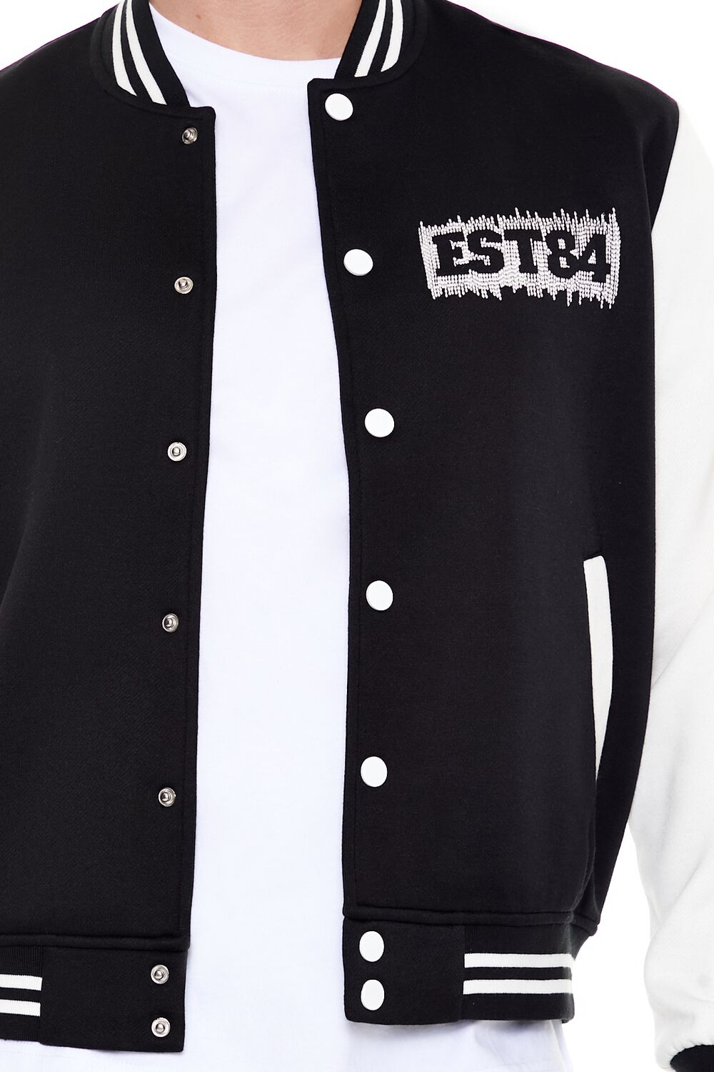  Forever 21 Embroidered EST84 Bomber Jacket - black-cream-swatch - Bonton
