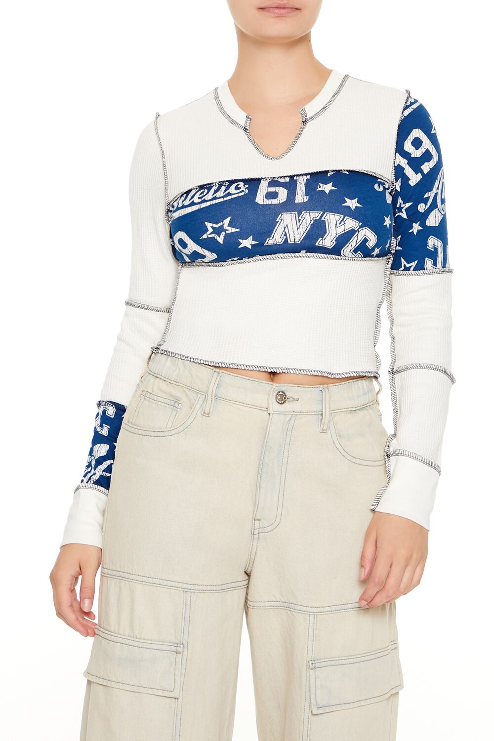  Forever 21 Colorblock Split-Neck Crop Top - white multi - Bonton