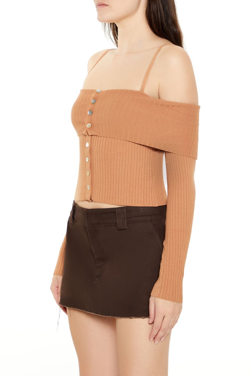 Forever 21 Open-Shoulder Sweater-Knit Crop Top - camel - Bonton