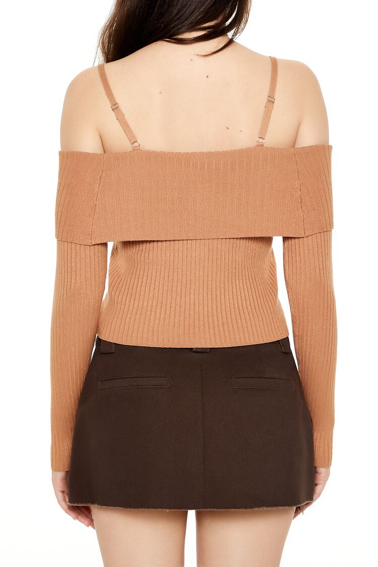  Forever 21 Open-Shoulder Sweater-Knit Crop Top - camel - Bonton