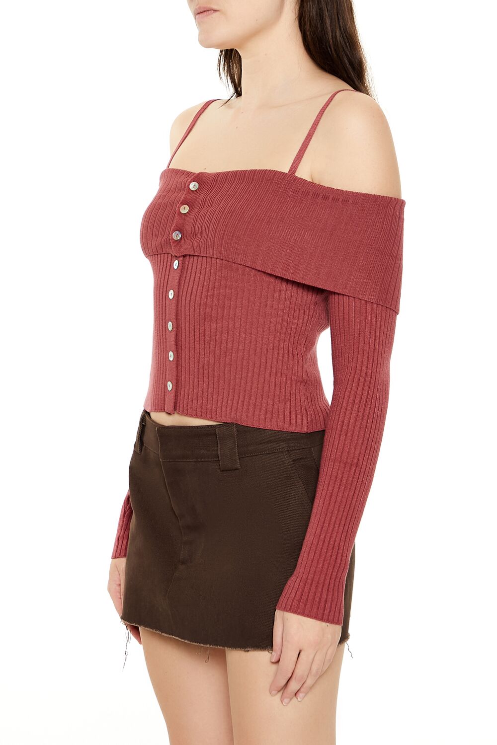  Forever 21 Open-Shoulder Sweater-Knit Crop Top - camel - Bonton