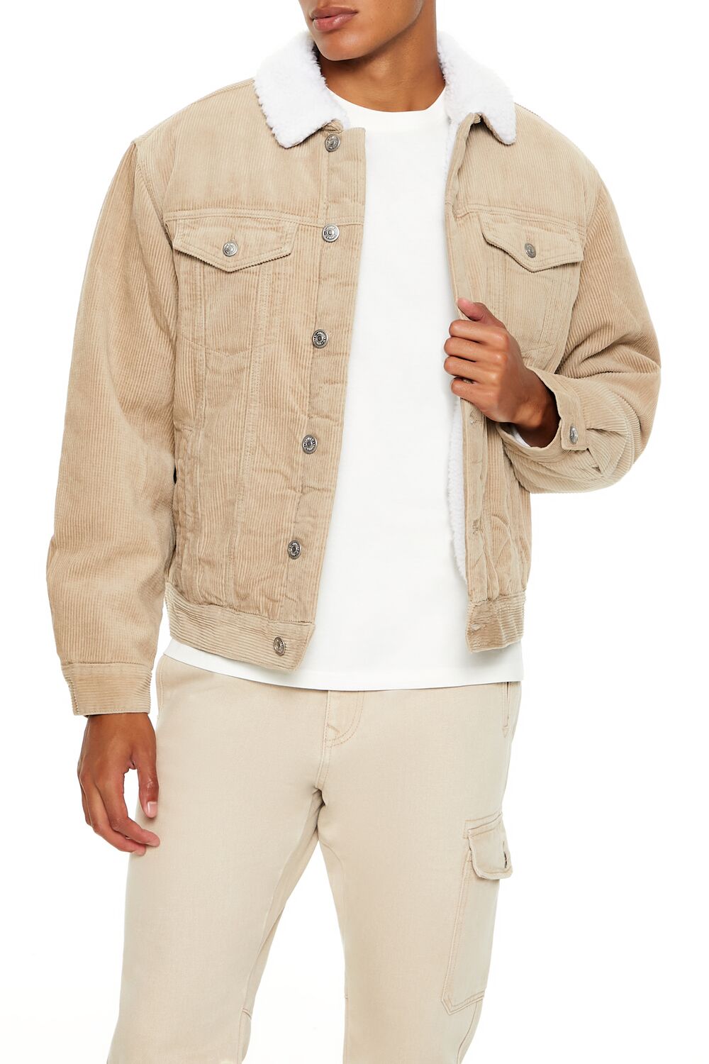  Forever 21 Faux Shearling-Trim Trucker Jacket - taupe-cream-swatch - Bonton