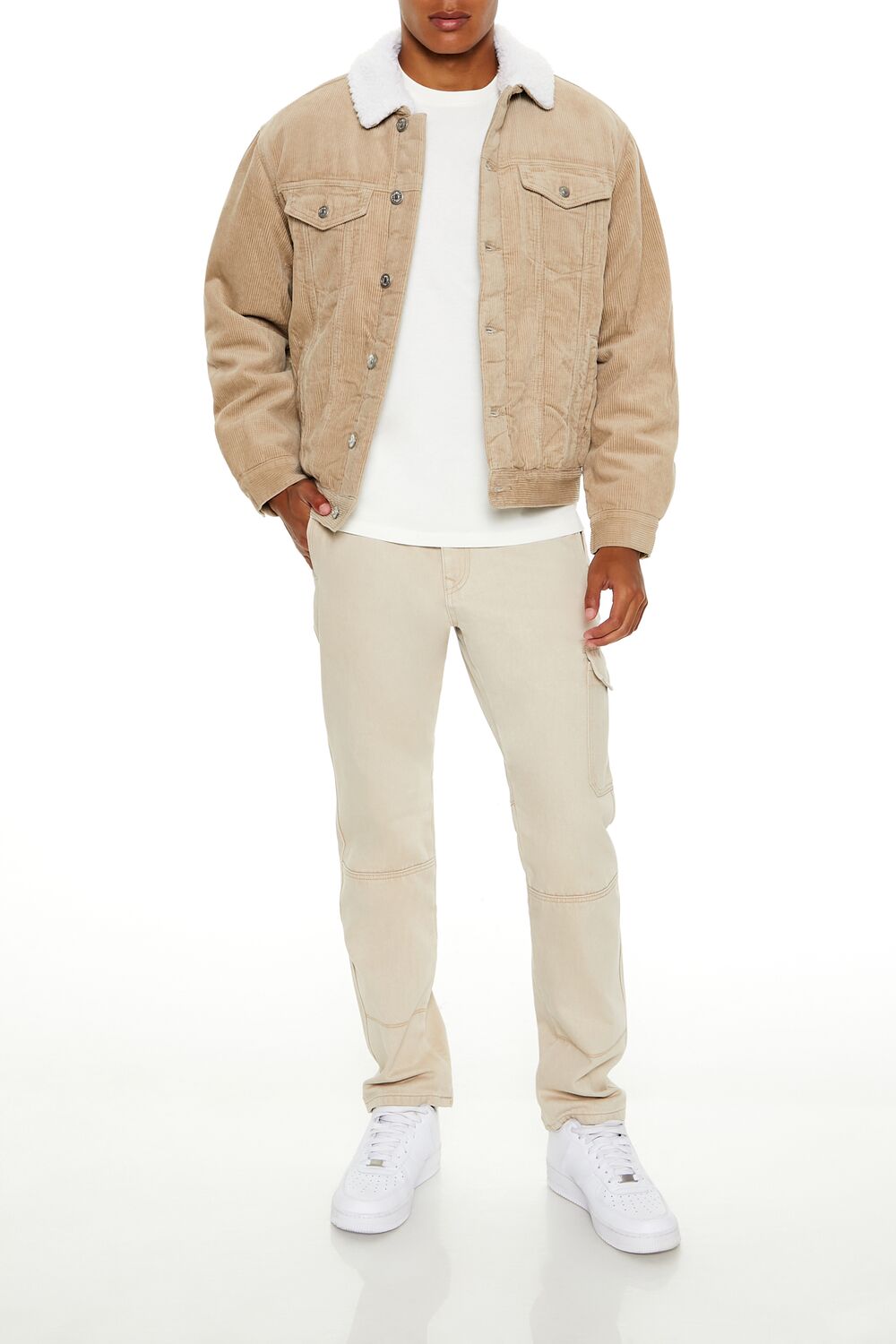  Forever 21 Faux Shearling-Trim Trucker Jacket - taupe-cream-swatch - Bonton