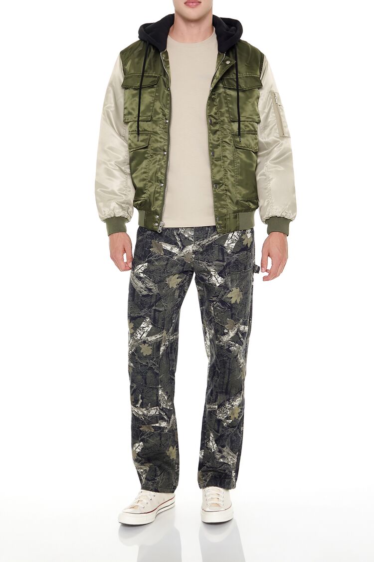  Forever 21 Colorblock Bomber Combo Jacket - olive-multi-swatch - Bonton