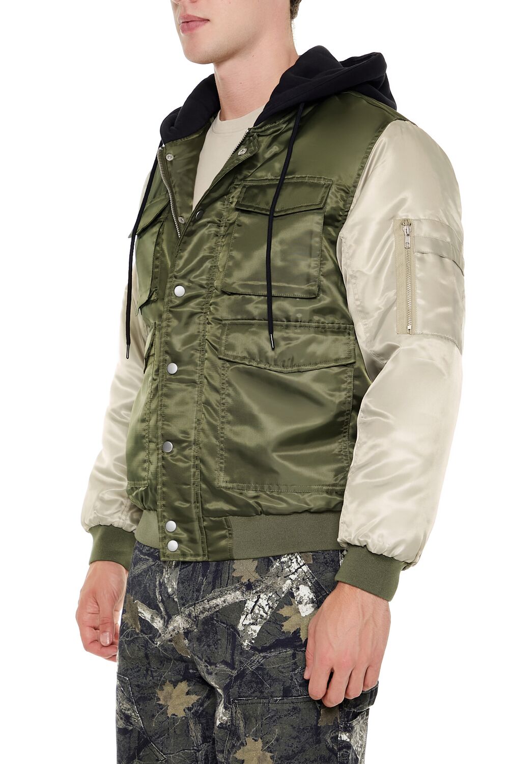  Forever 21 Colorblock Bomber Combo Jacket - olive-multi-swatch - Bonton