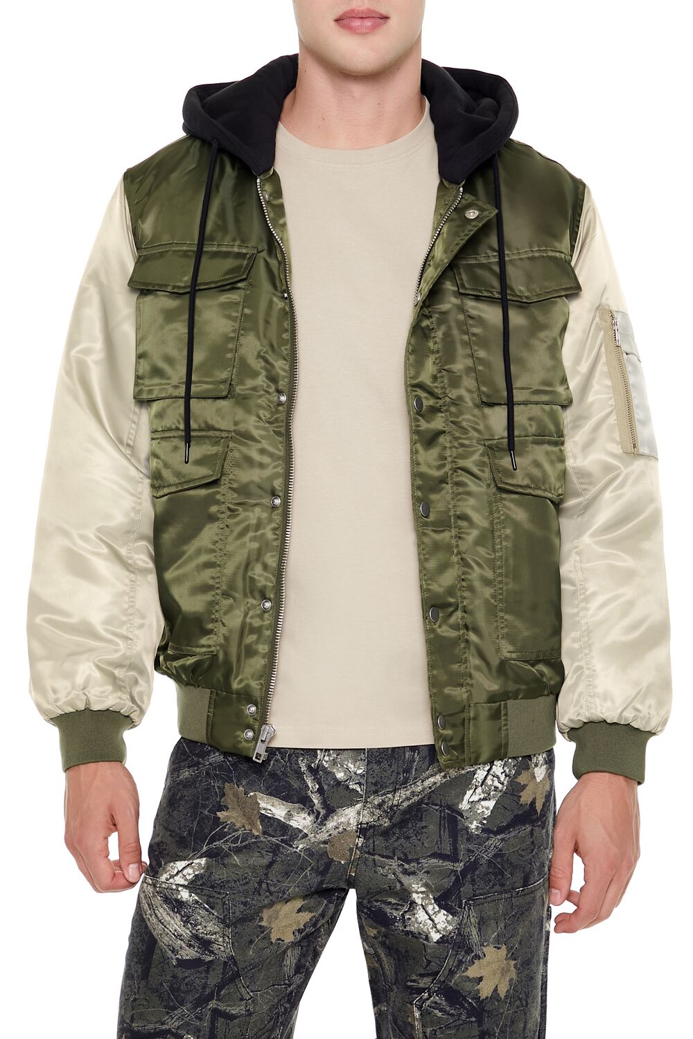  Forever 21 Colorblock Bomber Combo Jacket - olive-multi-swatch - Bonton
