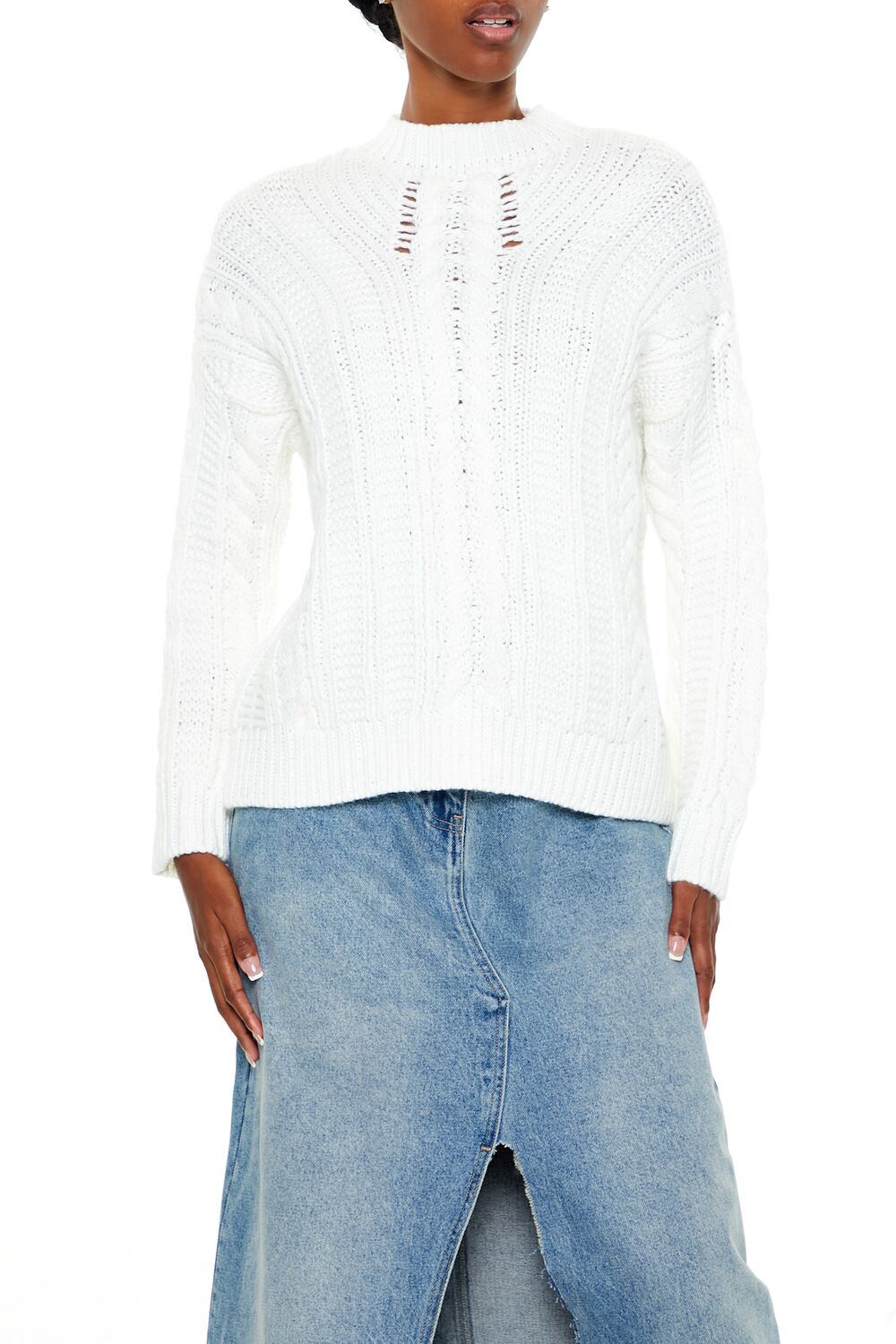  Forever 21 Lace-Back Cable Knit Sweater - white - Bonton