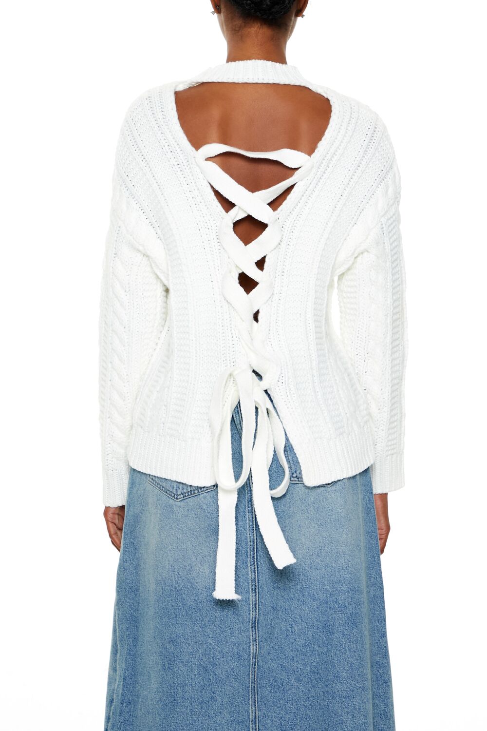  Forever 21 Lace-Back Cable Knit Sweater - white - Bonton
