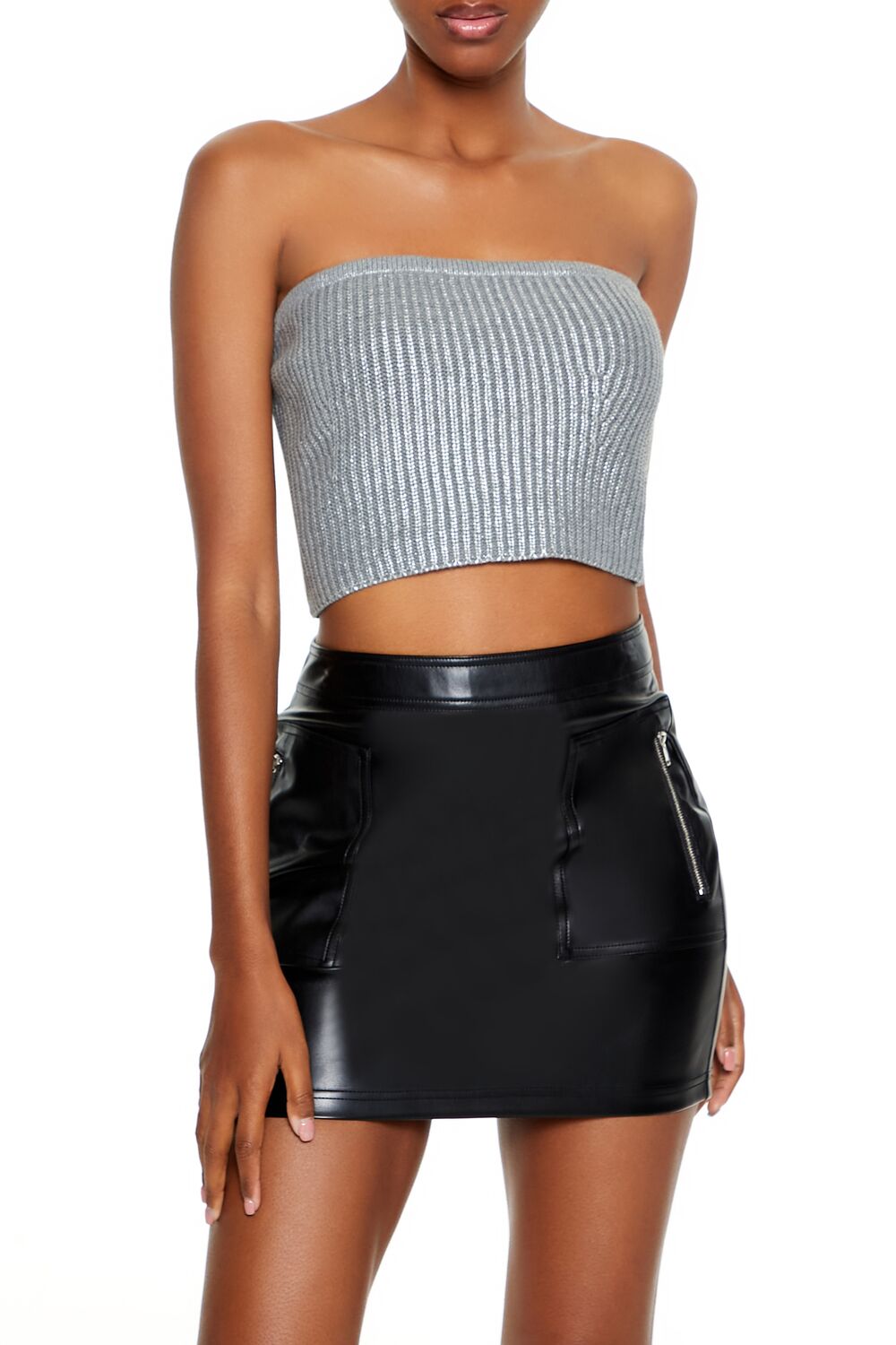  Forever 21 Metallic Sweater-Knit Tube Top - grey - Bonton