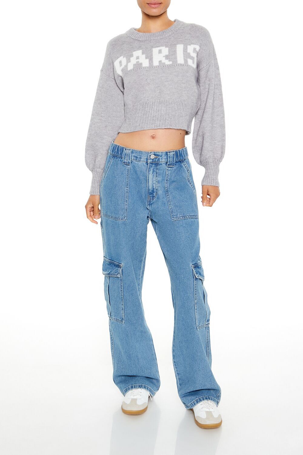  Forever 21 Paris Graphic Cropped Sweater - grey multi - Bonton