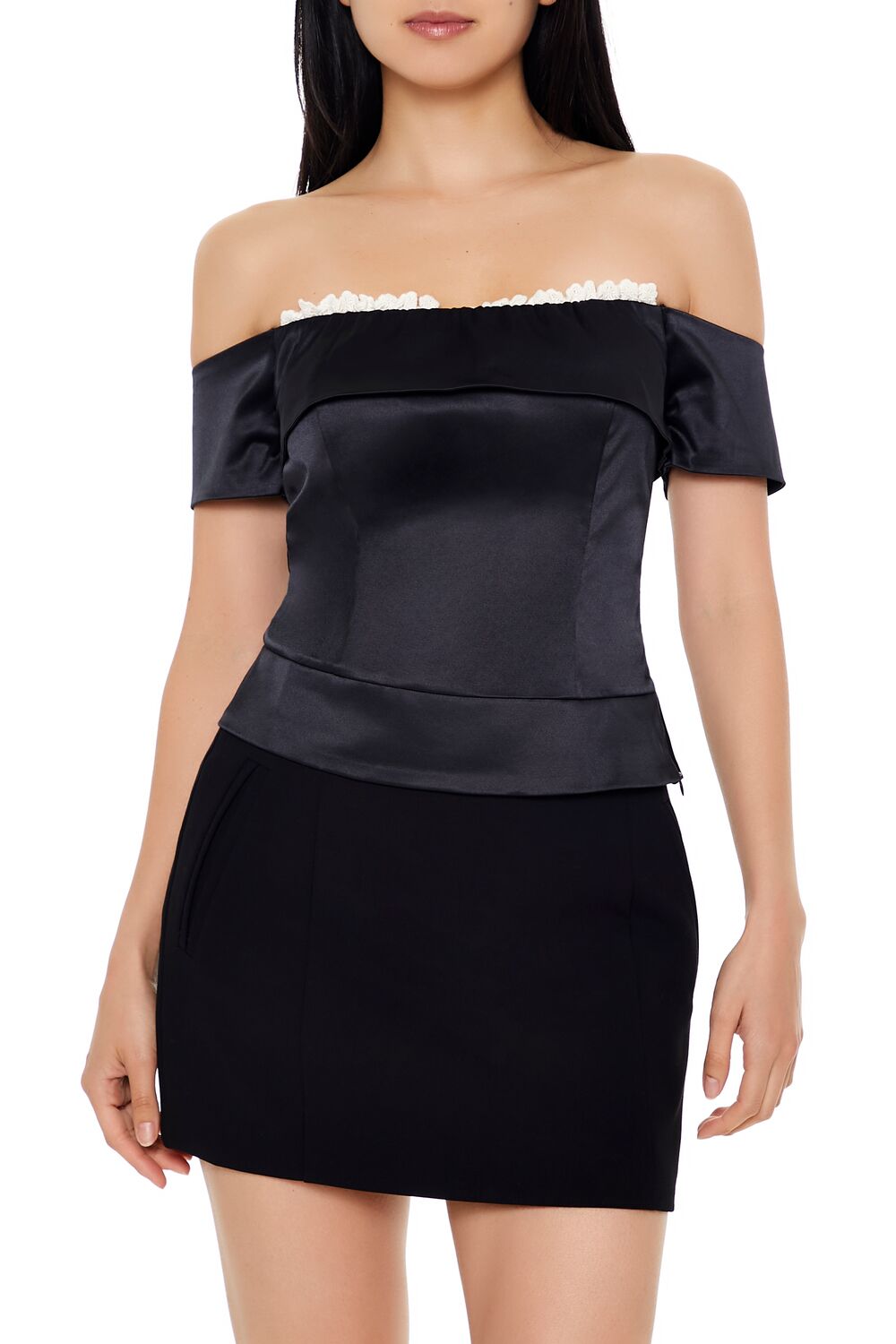  Forever 21 Satin Off-the-Shoulder Crop Top - black - Bonton