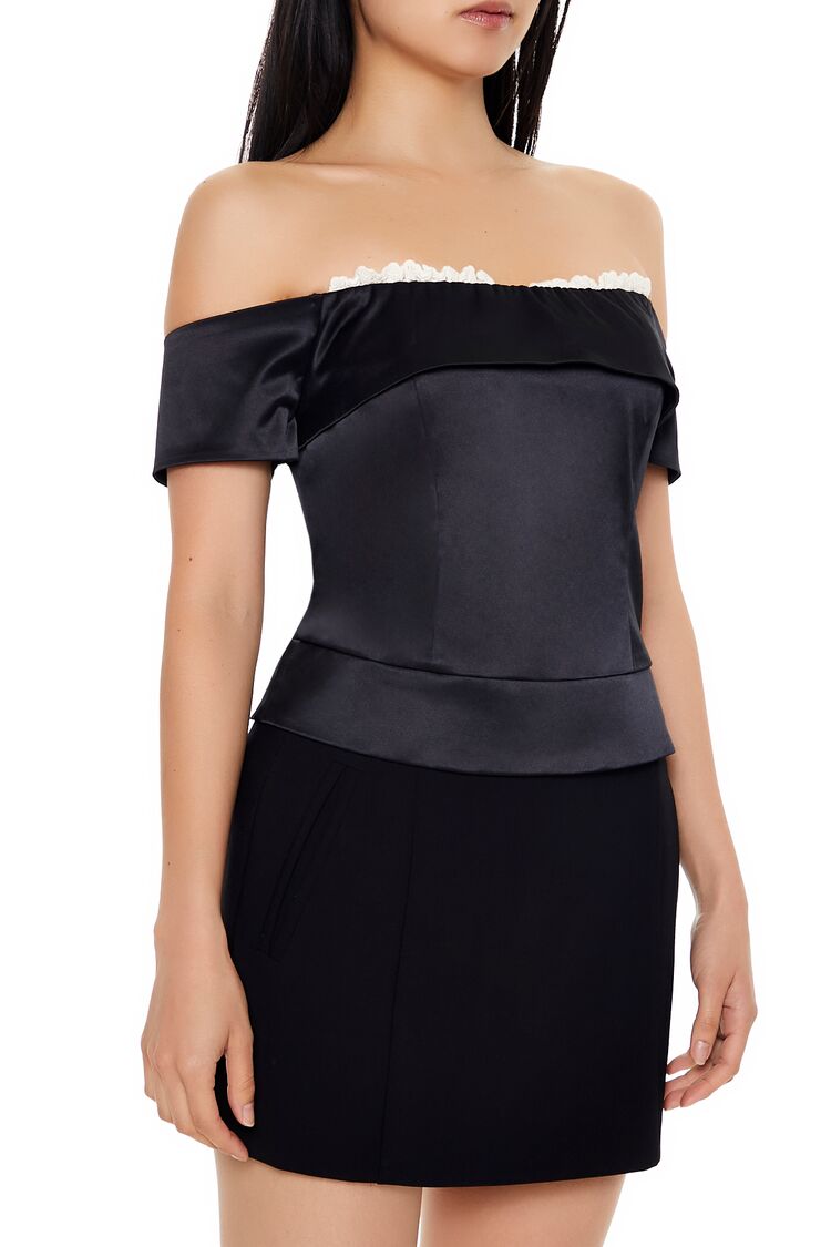  Forever 21 Satin Off-the-Shoulder Crop Top - black - Bonton