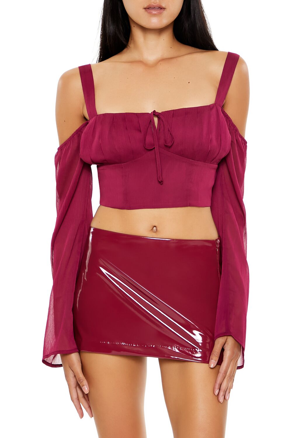  Forever 21 Chiffon Open-Shoulder Crop Top - magenta - Bonton