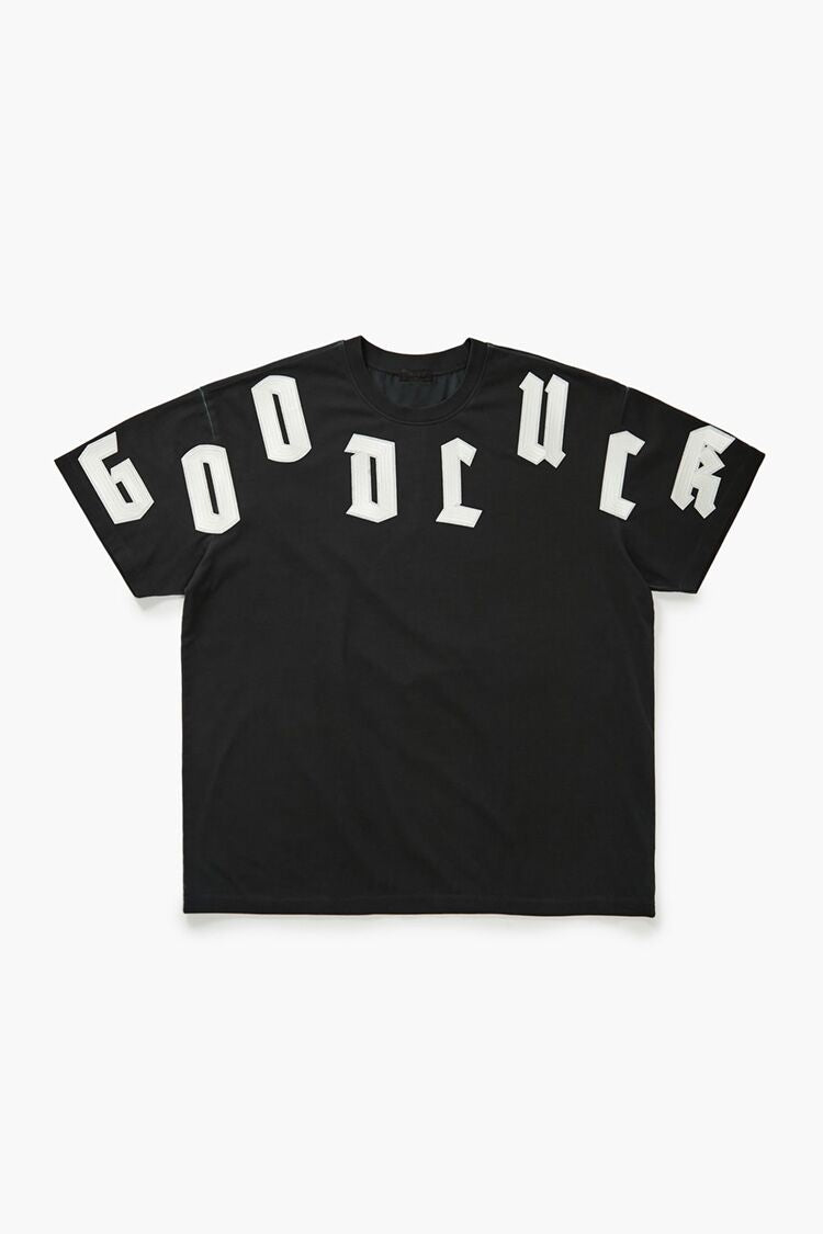  Forever 21 Good Luck Embroidered Applique Tee - washed black white - Bonton