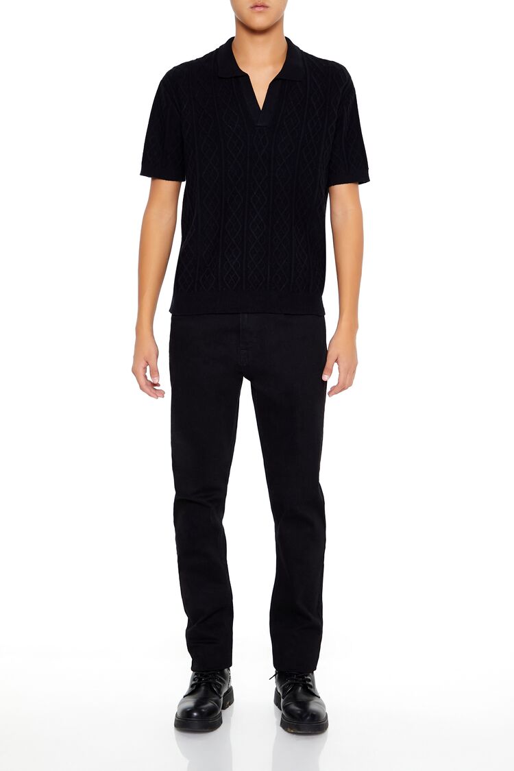  Forever 21 Geo Sweater-Knit Polo Shirt - black - Bonton