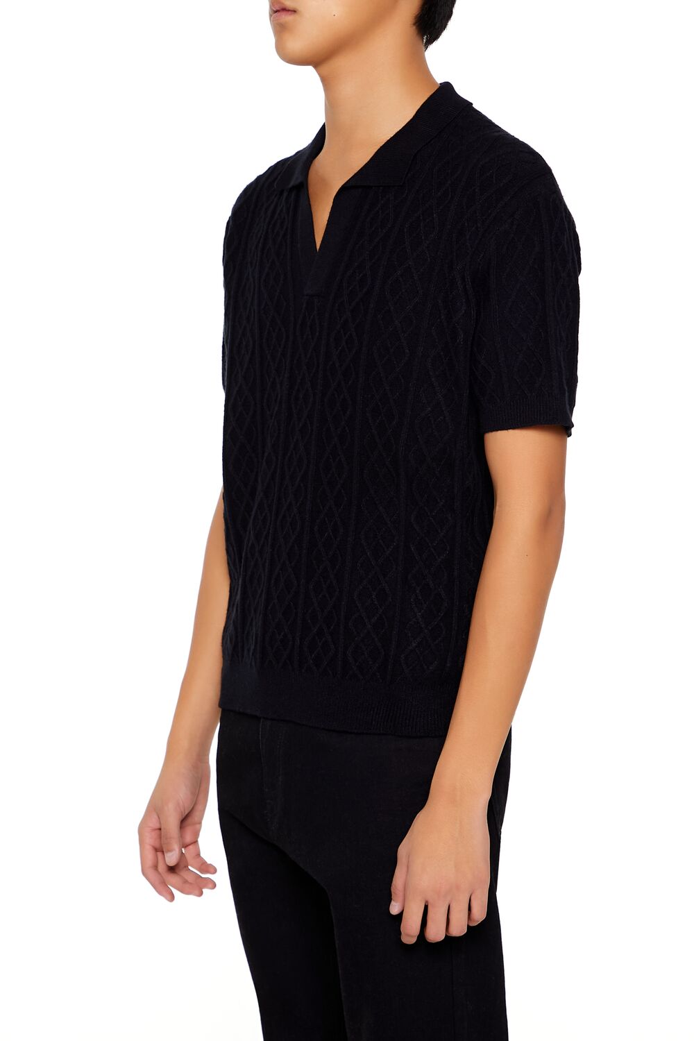  Forever 21 Geo Sweater-Knit Polo Shirt - black - Bonton