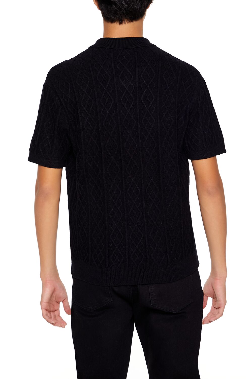  Forever 21 Geo Sweater-Knit Polo Shirt - black - Bonton