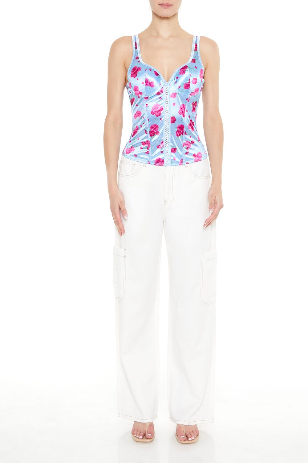  Forever 21 Rose Print Bustier Tank Top - blue multi - Bonton