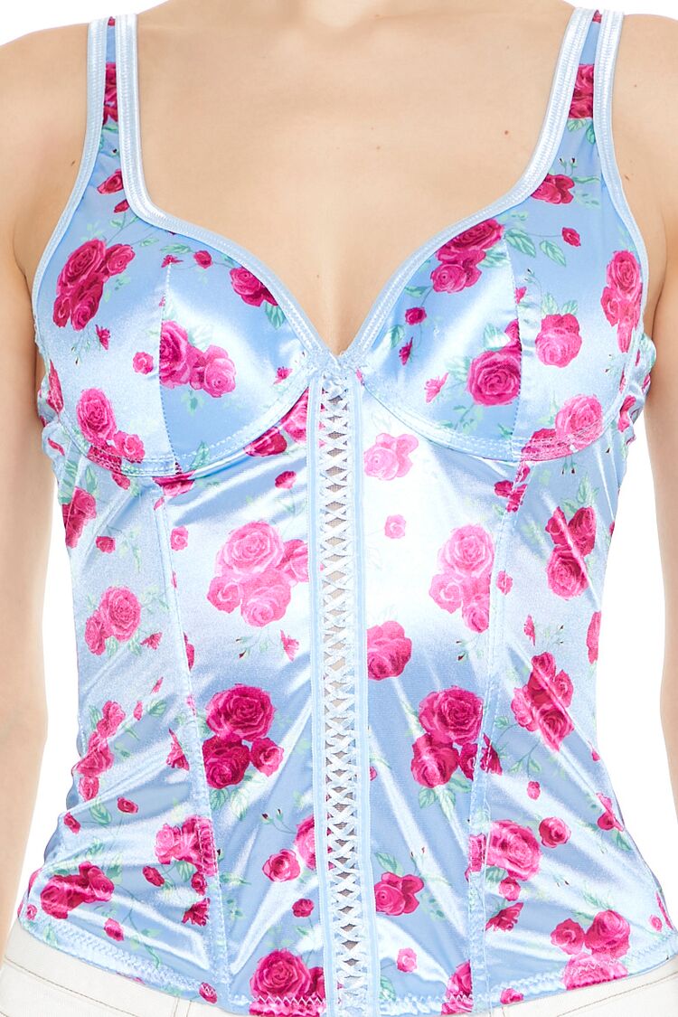  Forever 21 Rose Print Bustier Tank Top - blue multi - Bonton