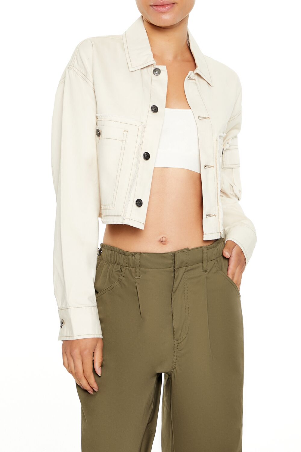  Forever 21 Cropped Cargo Trucker Jacket - cream - Bonton