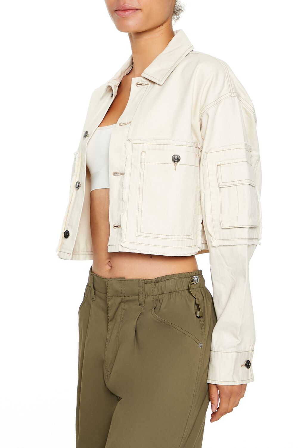  Forever 21 Cropped Cargo Trucker Jacket - cream - Bonton