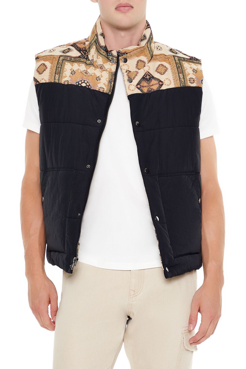 Forever 21 Paisley Colorblock Zip-Up Vest - black-multi - Bonton