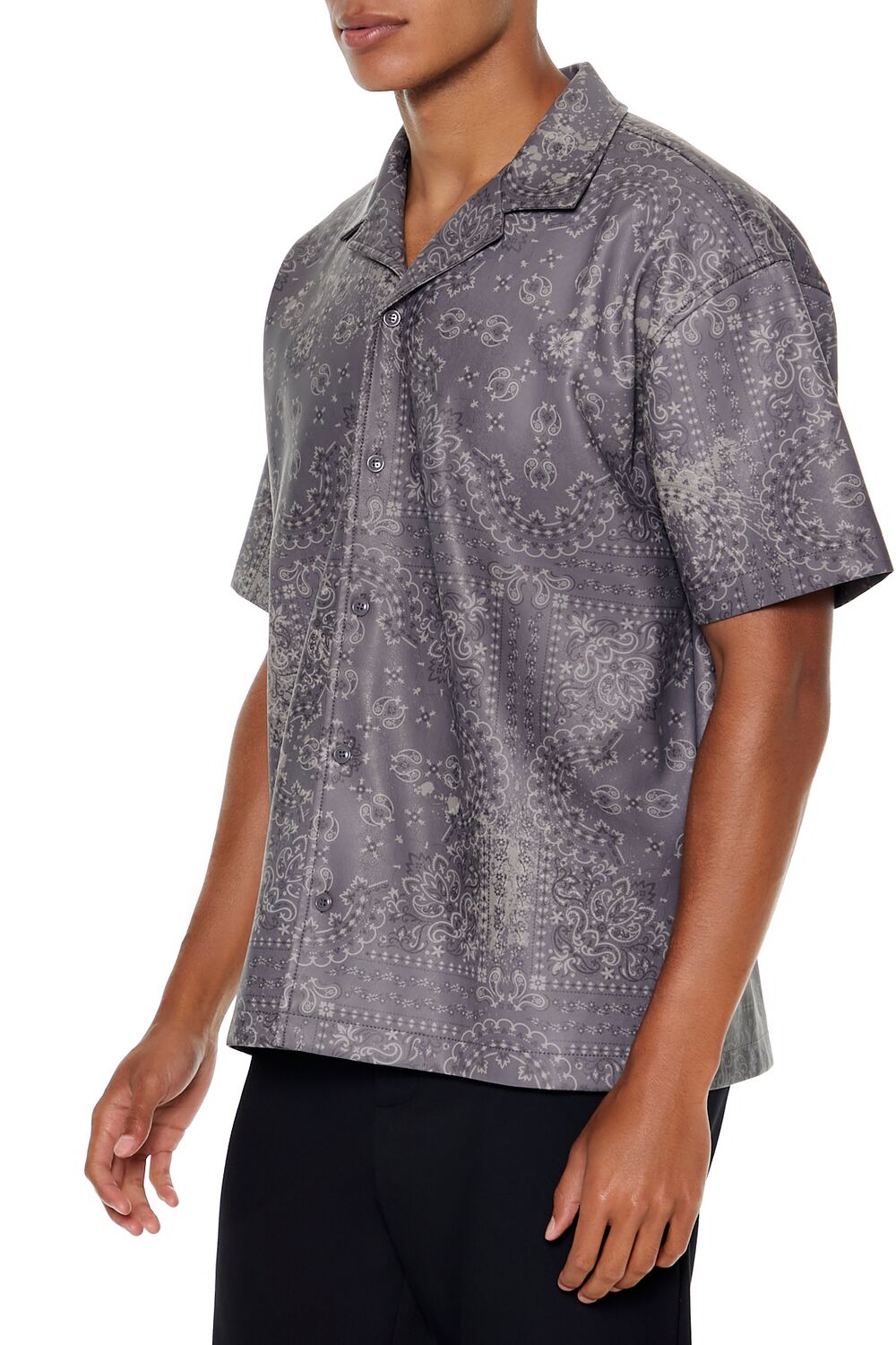  Forever 21 Paisley Print Faux Leather Shirt - gunmetal black - Bonton