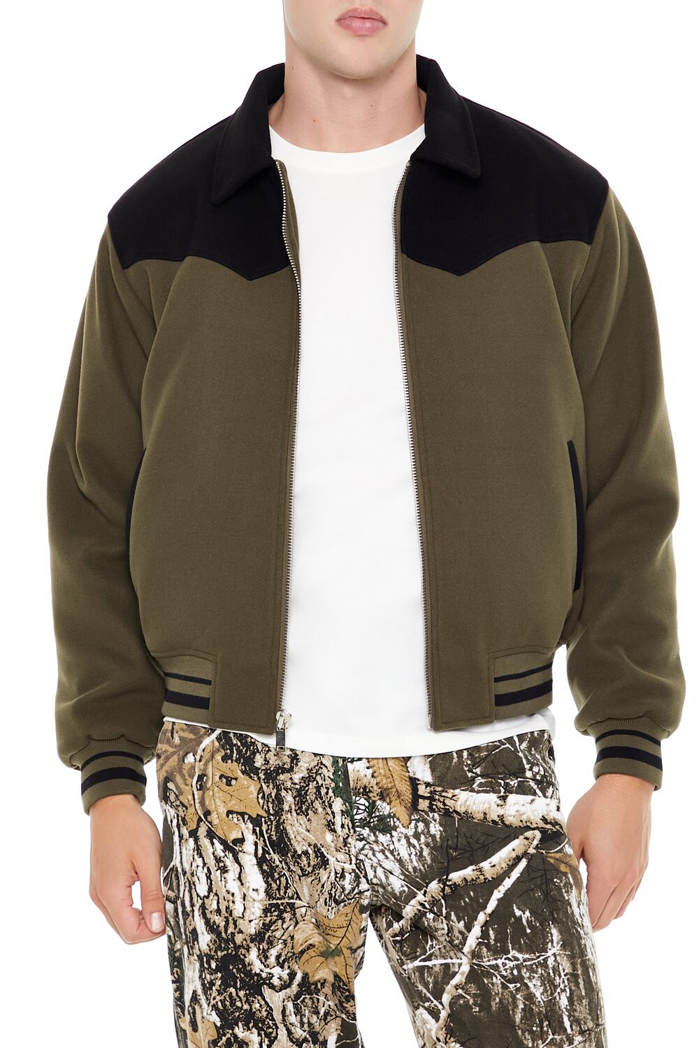  Forever 21 Colorblock Zip-Up Bomber Jacket - olive-black-swatch - Bonton