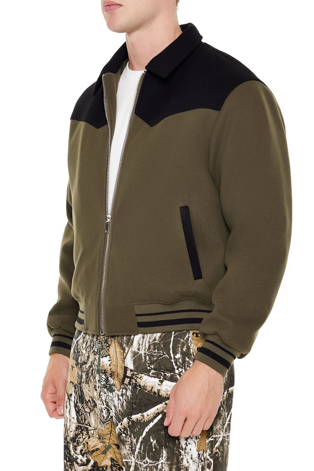  Forever 21 Colorblock Zip-Up Bomber Jacket - olive-black-swatch - Bonton
