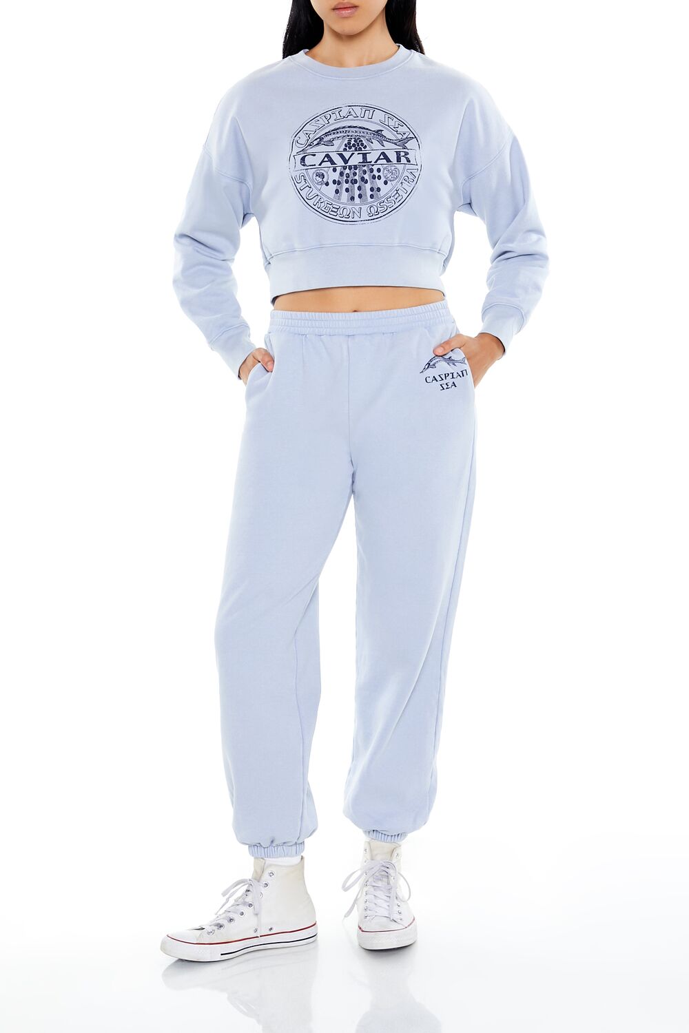  Forever 21 Caviar Graphic Cropped Pullover - blue multi - Bonton