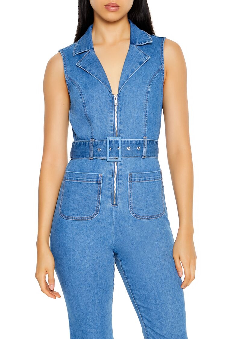  Forever 21 Sleeveless Denim Zip-Up Jumpsuit - medium-denim - Bonton