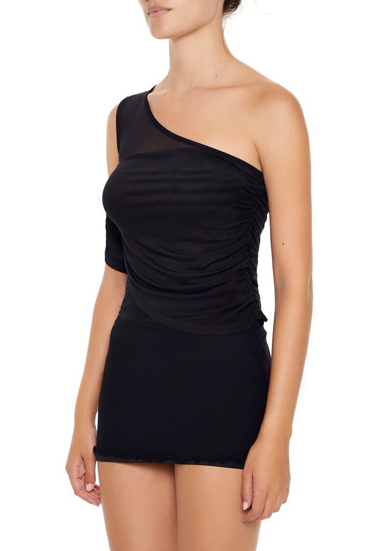  Forever 21 Mesh One-Shoulder Crop Top - black - Bonton