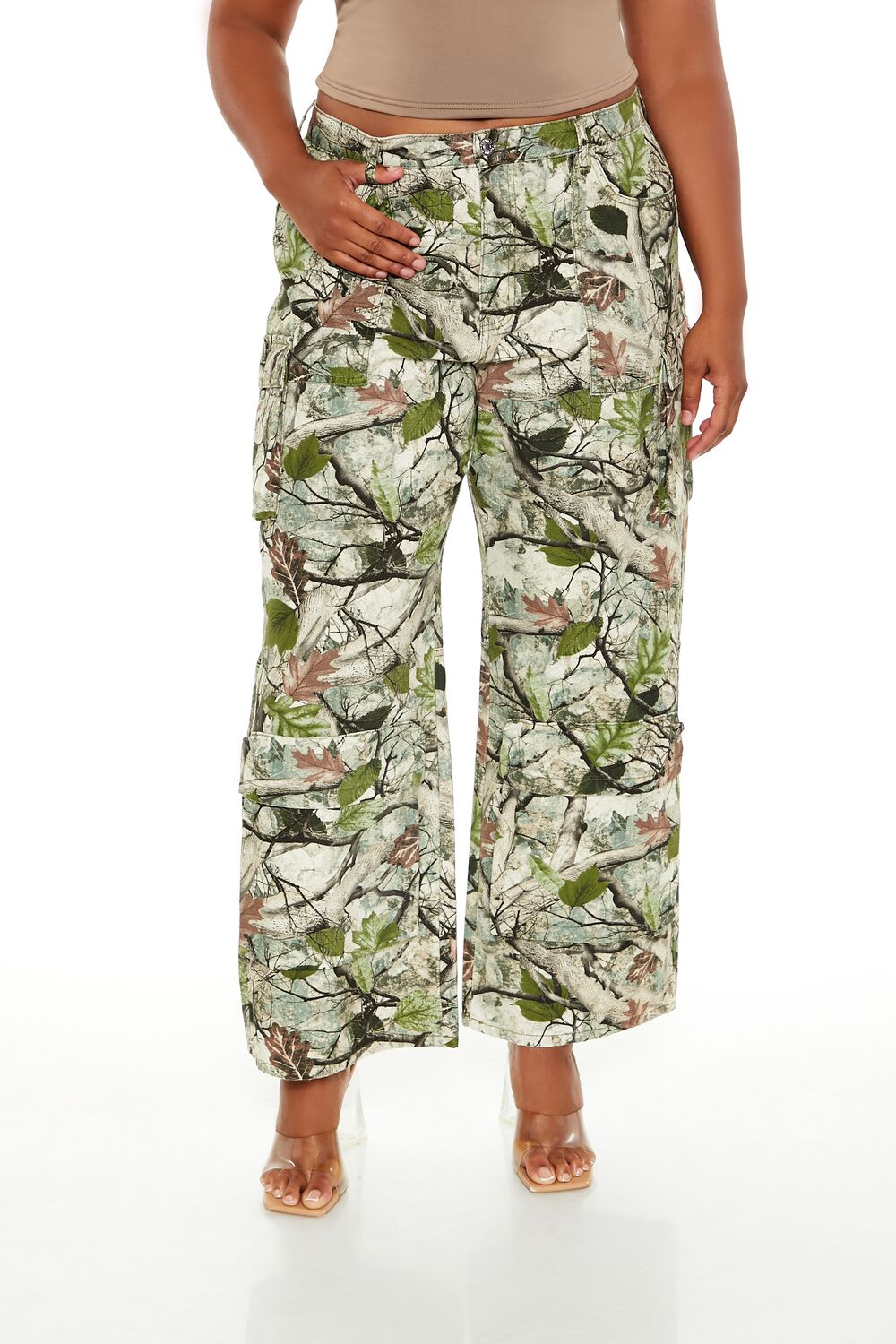  Forever 21 Plus Size Leaf Print Cargo Pants - pink-multi - Bonton