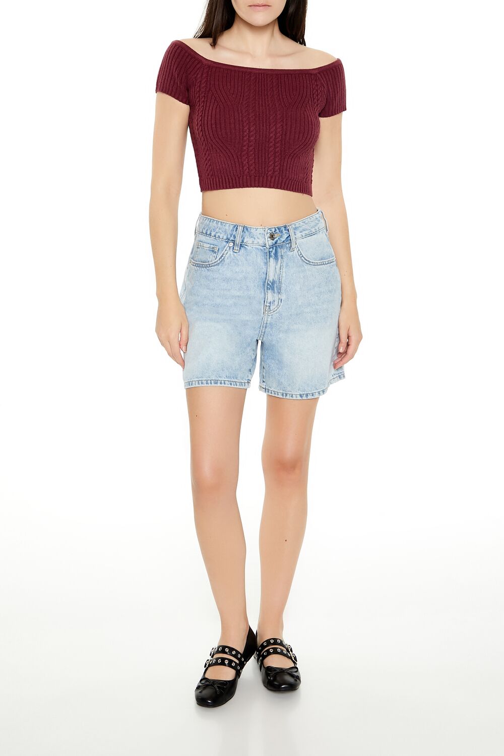  Forever 21 Sweater-Knit Off-the-Shoulder Crop Top - cream - Bonton