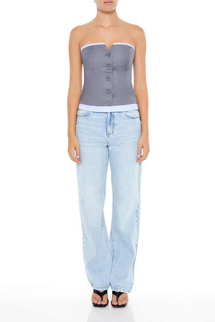  Forever 21 Striped-Trim Tube Top - grey blue - Bonton