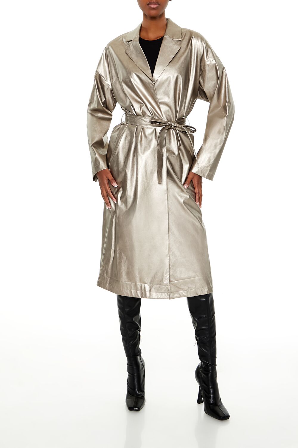  Forever 21 Metallic Tie-Waist Trench Coat - bronze-swatch - Bonton