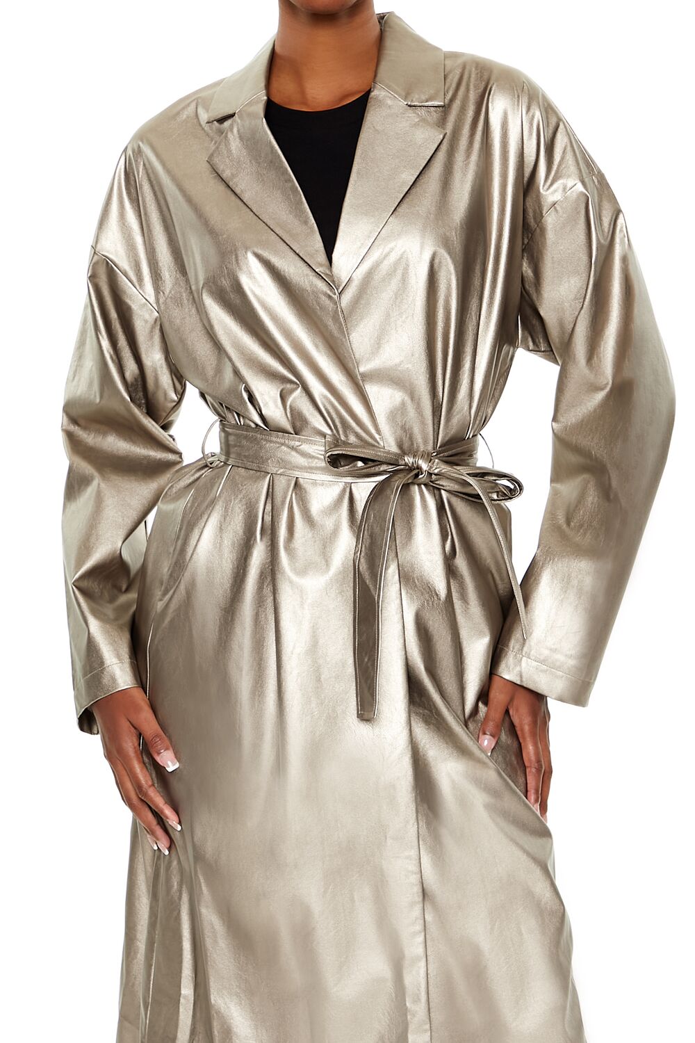  Forever 21 Metallic Tie-Waist Trench Coat - bronze-swatch - Bonton