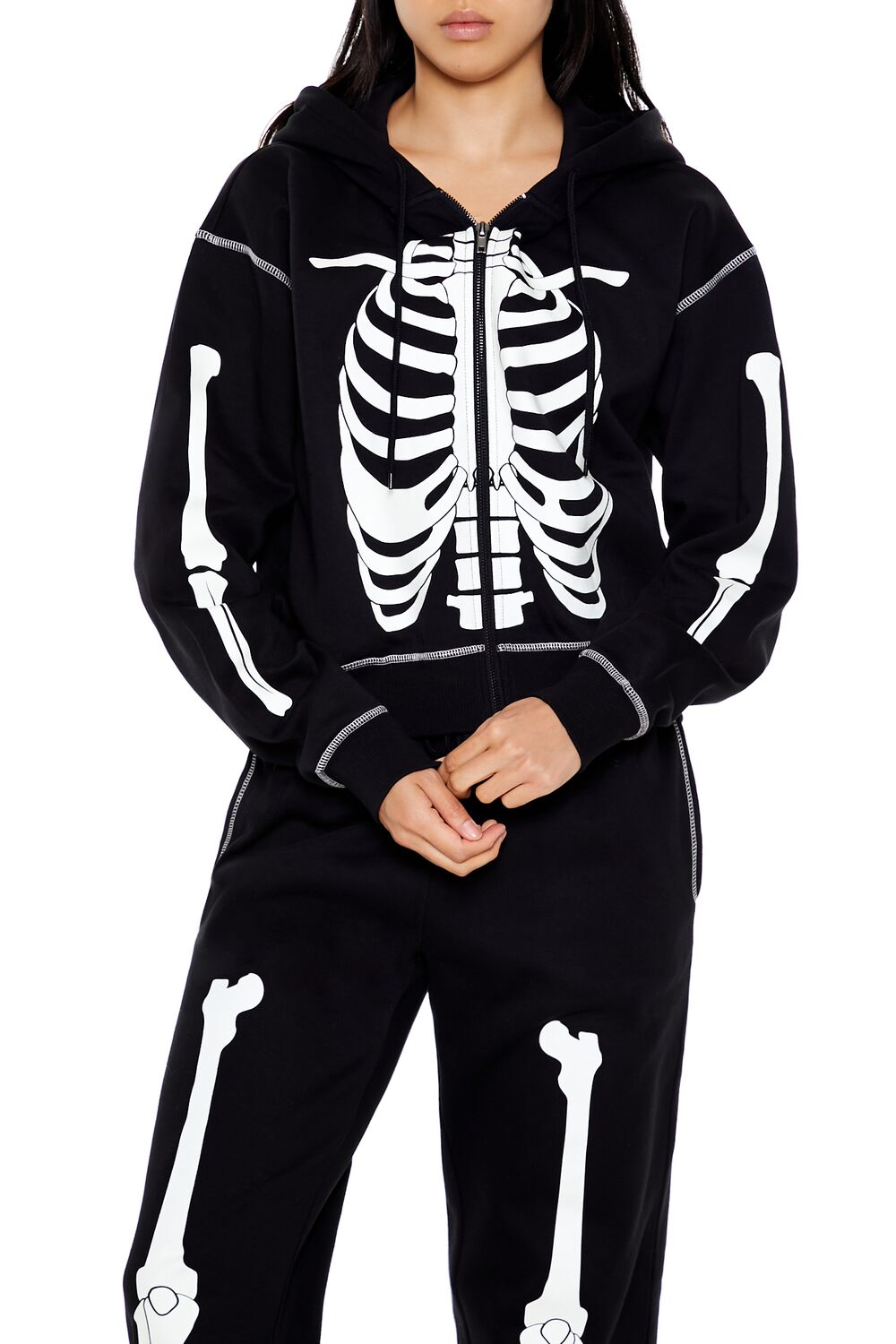  Forever 21 Skeleton Graphic Zip-Up Hoodie - charcoal white - Bonton