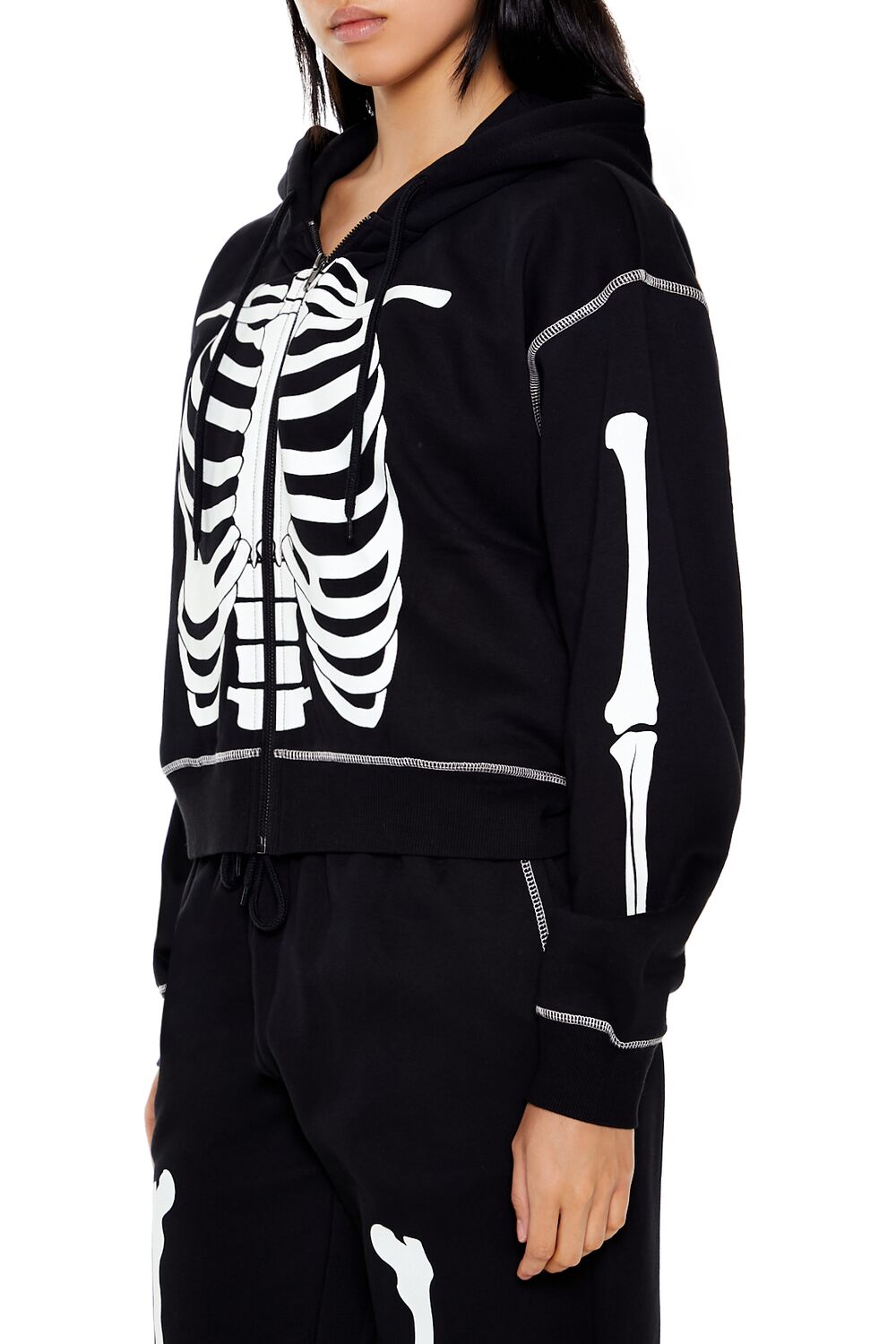  Forever 21 Skeleton Graphic Zip-Up Hoodie - charcoal white - Bonton