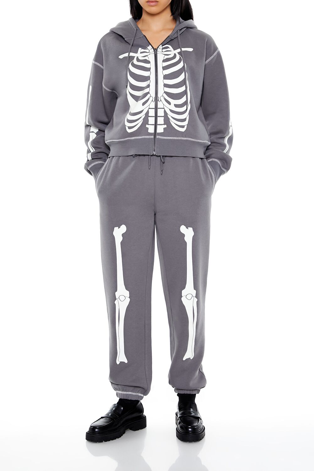  Forever 21 Skeleton Graphic Zip-Up Hoodie - charcoal white - Bonton