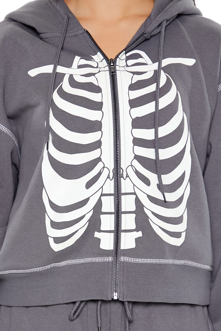  Forever 21 Skeleton Graphic Zip-Up Hoodie - charcoal white - Bonton