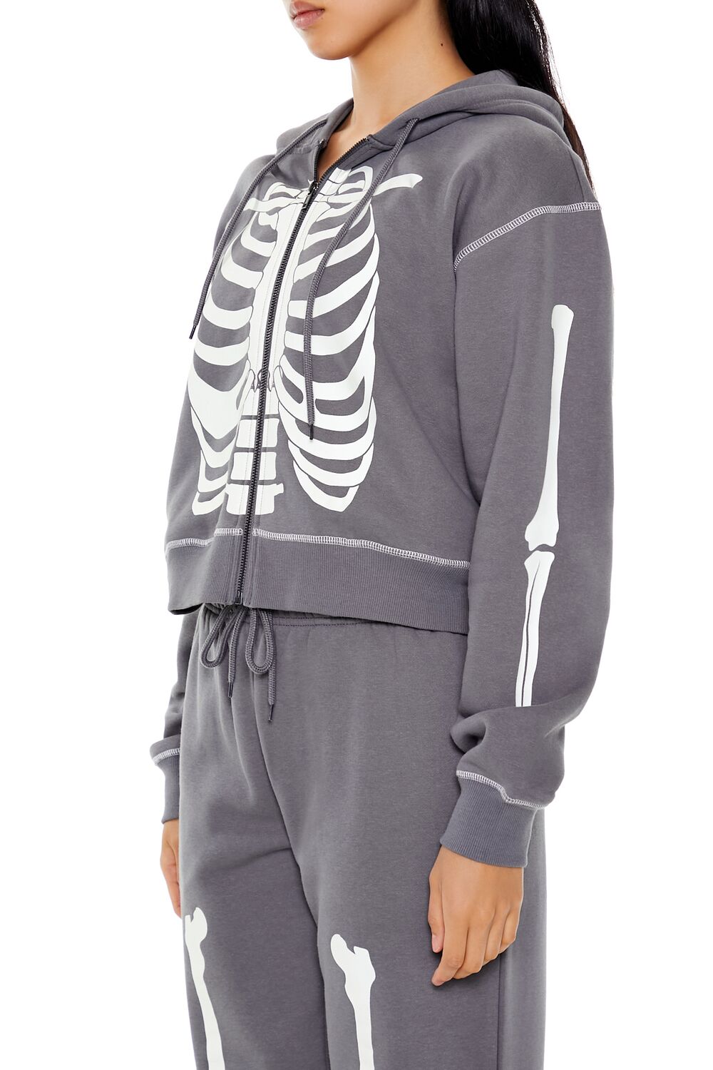  Forever 21 Skeleton Graphic Zip-Up Hoodie - charcoal white - Bonton